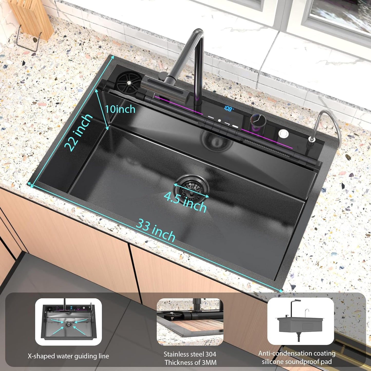 Multifunctional Drop-In Kitchen Sink with Waterfall Faucet & Workstation Cup Washer – 33"x22", 16
