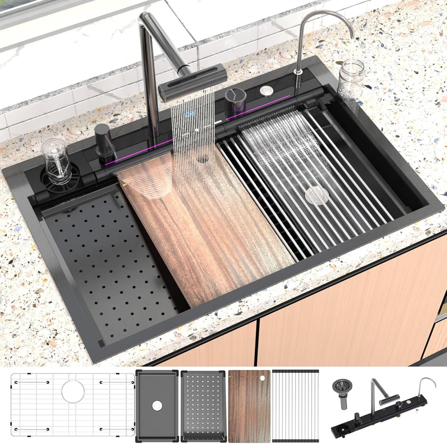 Multifunctional Drop-In Kitchen Sink with Waterfall Faucet & Workstation Cup Washer – 33"x22", 16