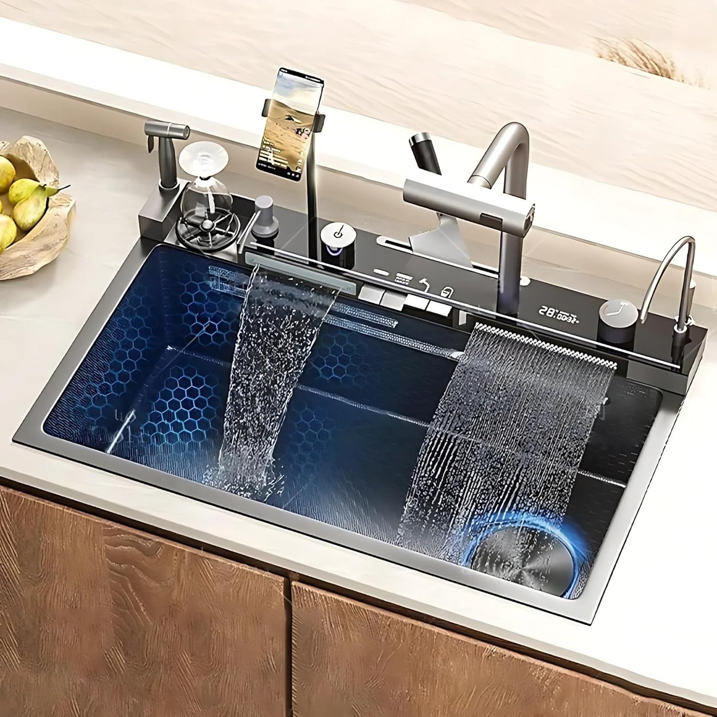 Smart Dual Waterfall Kitchen Sink – 304 Stainless Steel Single Bowl with Pull-Out Faucet, Cup Washer, Soap Dispenser & Mobile Holder