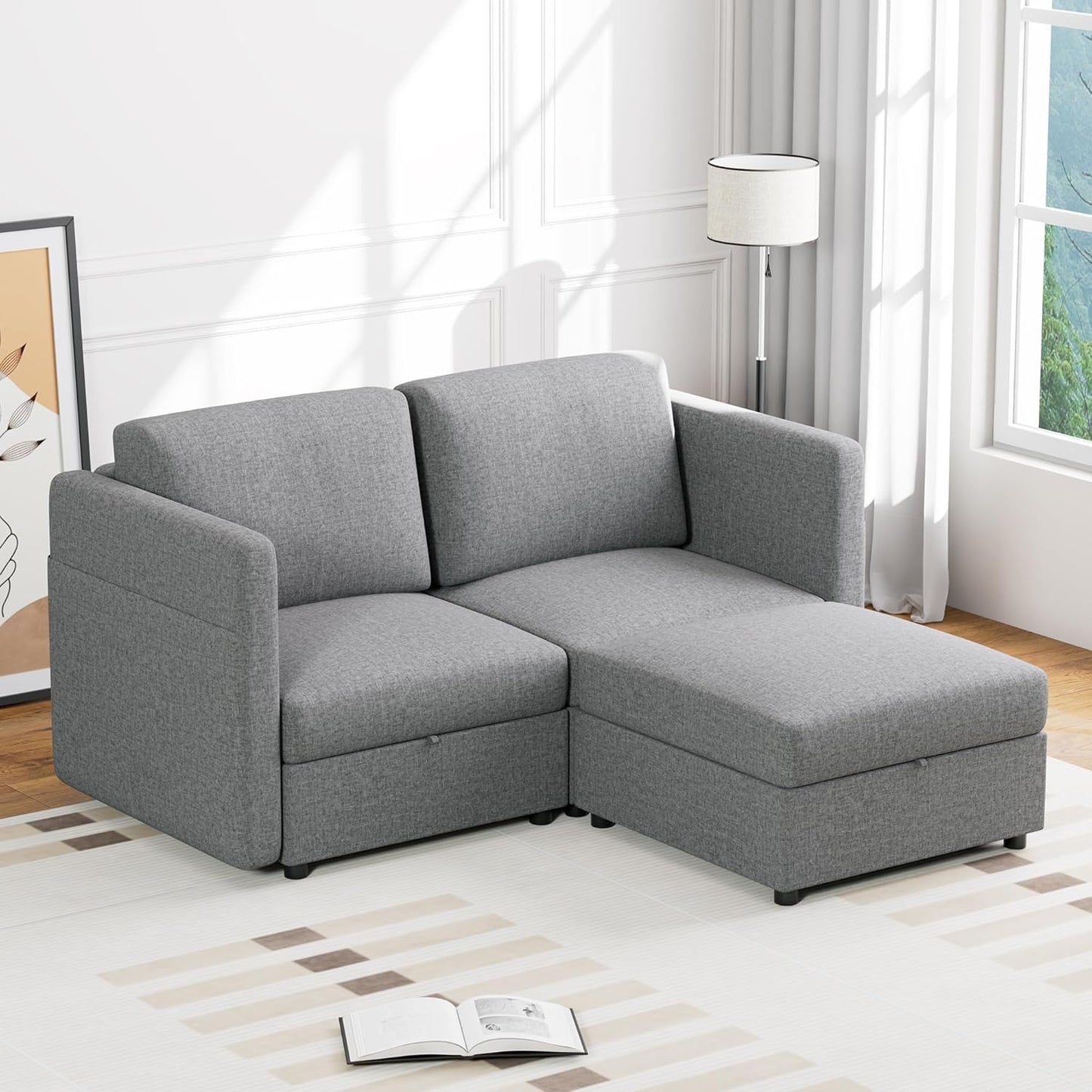 Linen Modular Sectional – Cloud-Style Sleeper Sofa Featuring Deep Seats & Storage