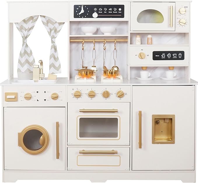Wooden Play Kitchen Set with Ice Maker, Water Dispenser, Coffee Maker & Washing Machine – Big Toddler Toy Kitchen Playset