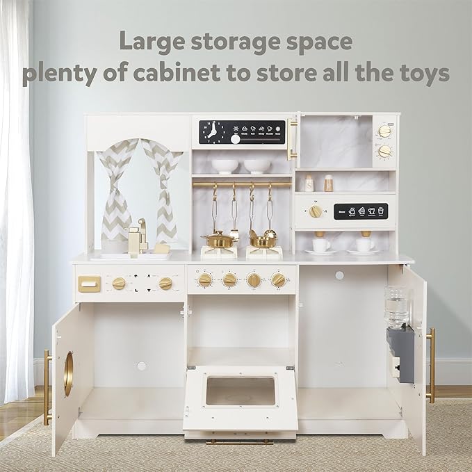 Wooden Play Kitchen Set with Ice Maker, Water Dispenser, Coffee Maker & Washing Machine – Big Toddler Toy Kitchen Playset