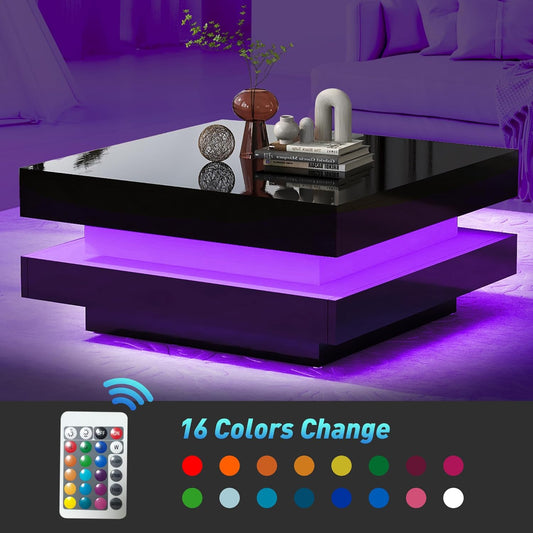 Modern Black LED Coffee Table with 16-Color Lights – High Gloss 2-Tier Square Table with Remote for Living Room, Office, or Reception Area