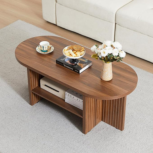 Walnut Oval Coffee Table with Large Storage Shelf – Farmhouse Fluted Wood Center Table for Small Living Rooms and Apartments