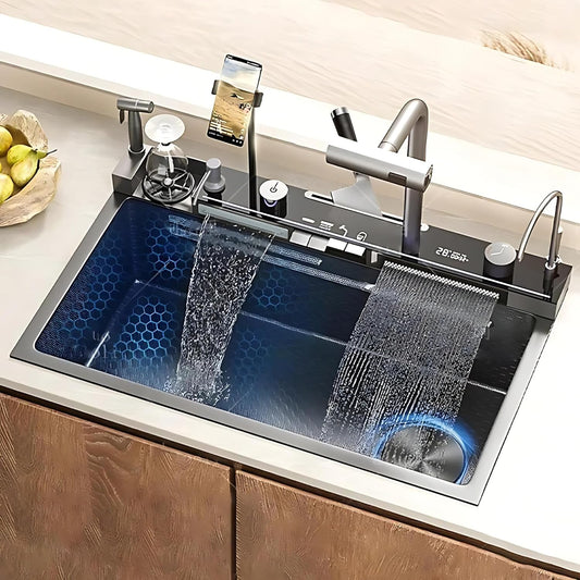 Smart Dual Waterfall Kitchen Sink – 304 Stainless Steel Single Bowl with Pull-Out Faucet, Cup Washer, Soap Dispenser & Mobile Holder