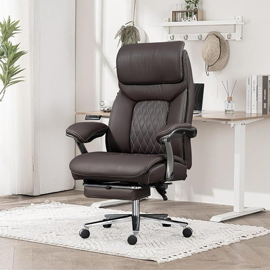 Executive Office Chair – Extra Wide Leather Ergonomic Chair with Footrest, High Back & Adjustable Height