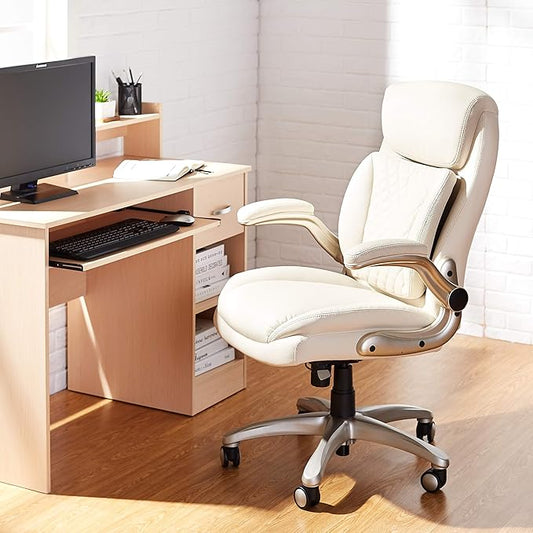 Ergonomic Executive Office Chair in Cream Bonded Leather – Adjustable Height, Tilt & Lumbar Support with Flip-Up Armrests – Comfortable Desk Chair for Home or Office