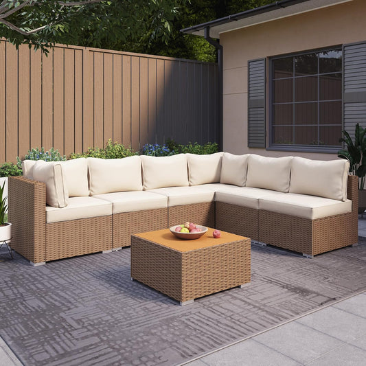 7-Piece Garden Patio Furniture – Outdoor Conversation Set with Cushions and Wood-Style Coffee Table